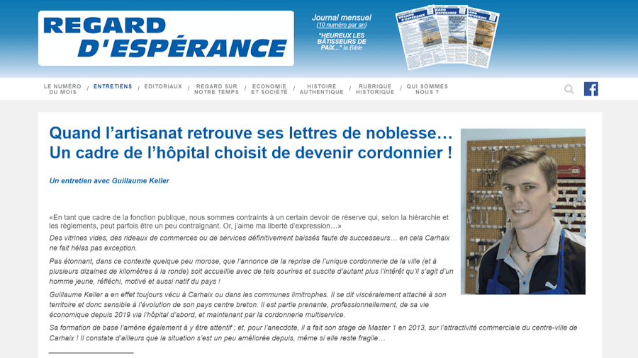 Quand-lartisanat-retrouve-ses-lettres-de-noblesse.-Un-cadre-de-lhopital-choisit-de-devenir-cordonnier-Regard-Screenshot-2023-09-22-dEsperance Interviewé par le journal Regard d’Espérance